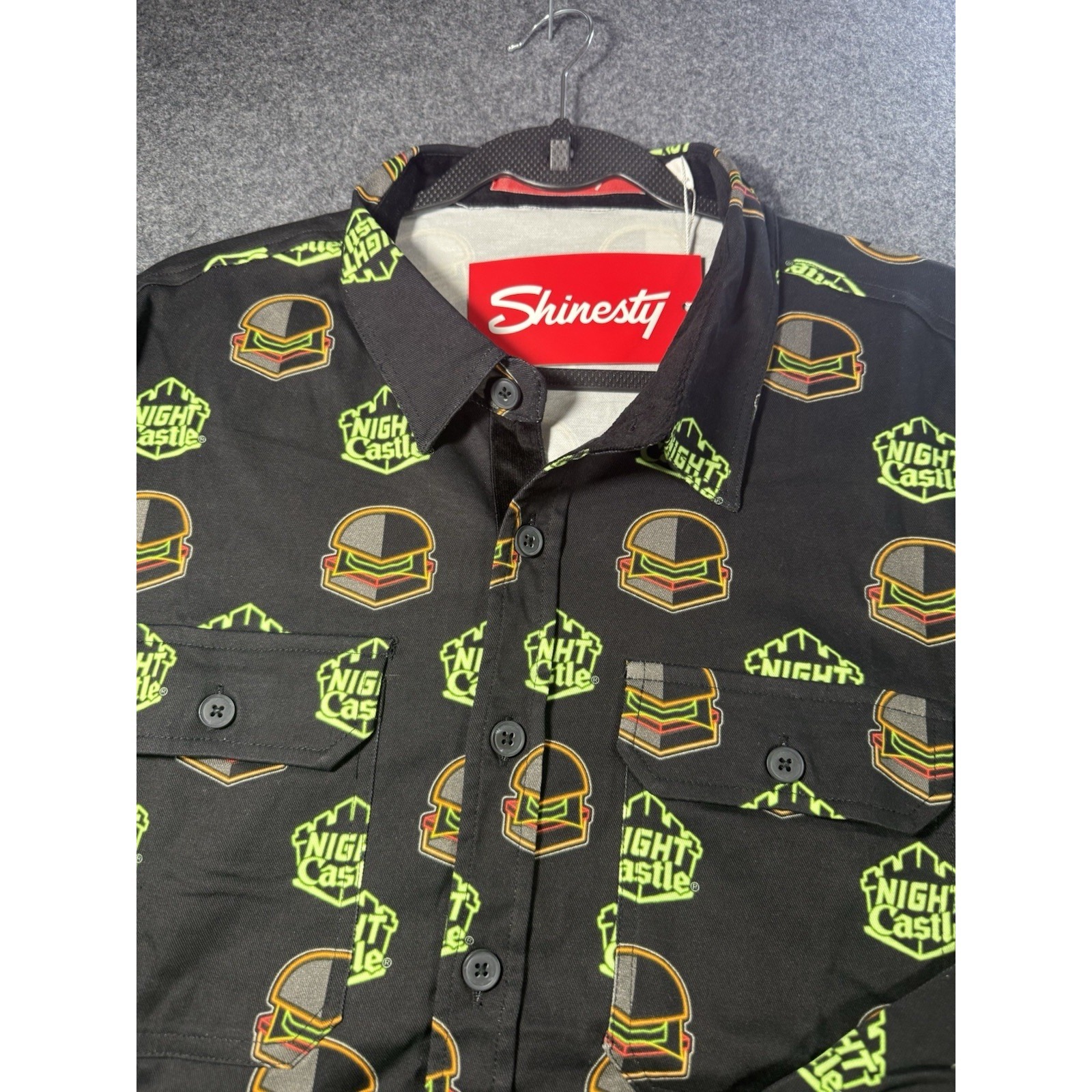 Shinesty Night Castle Burger Print Long Sleeve Button Down Shirt Large Nwt — image 2 of 8